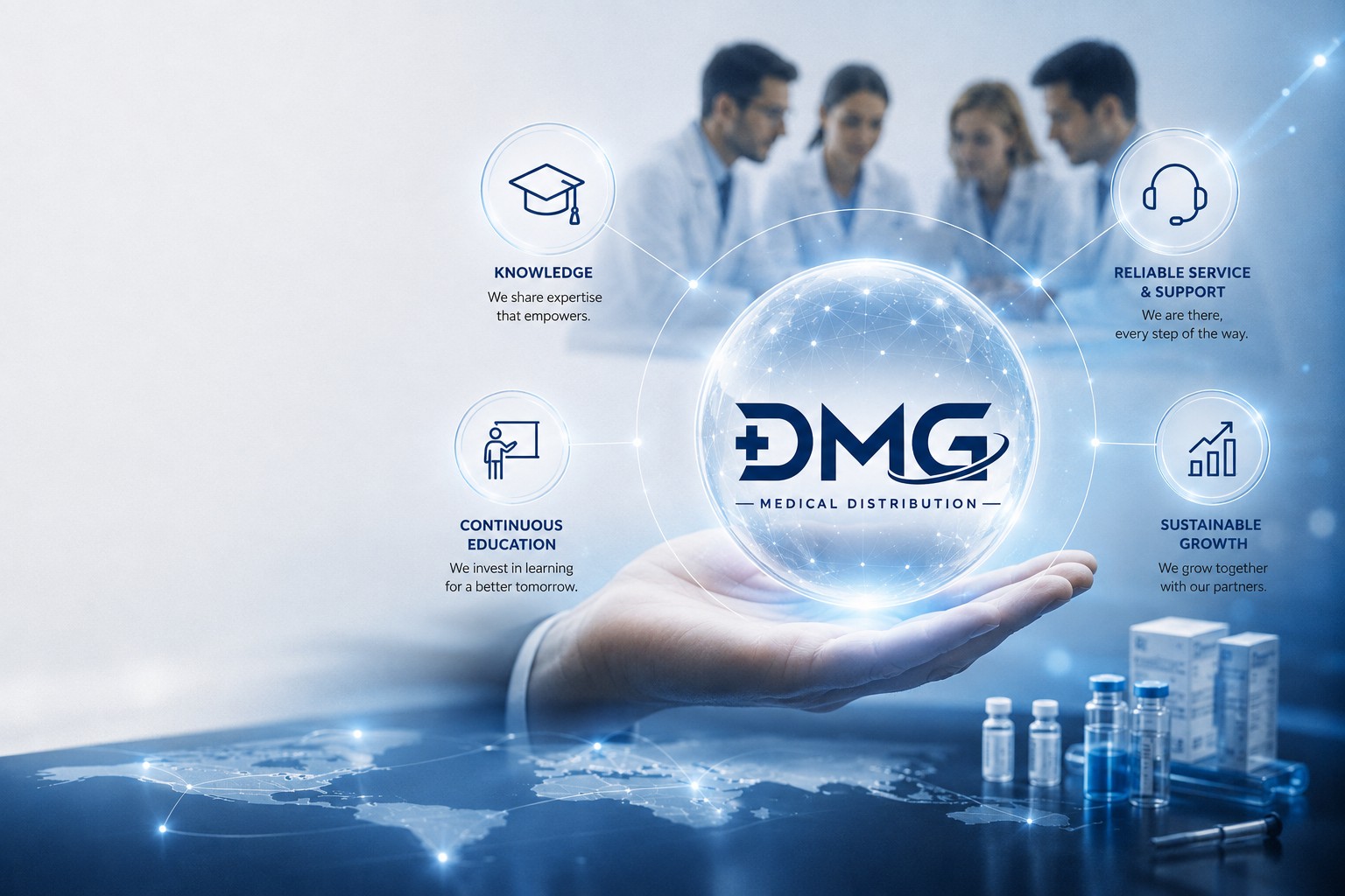 A globe carrying the DMG mark held in an open hand, ringed by knowledge, continuous education, reliable service and sustainable growth