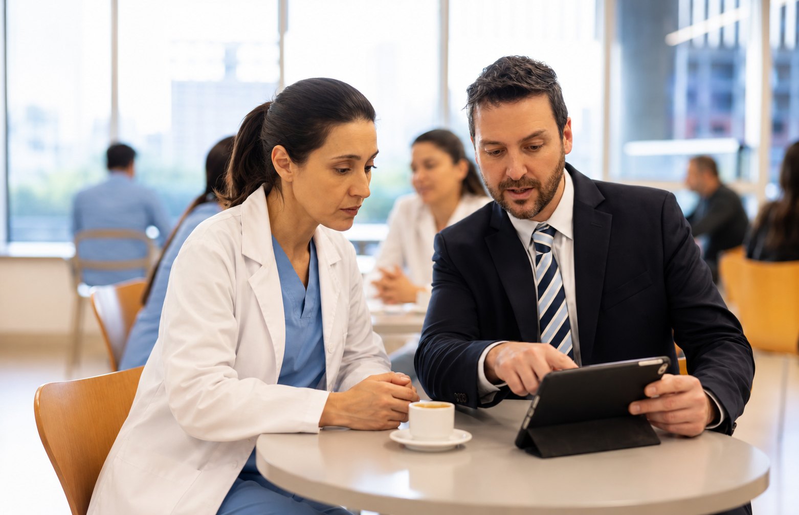 A company representative showing product information on a tablet to a doctor